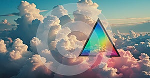A rainbow colored triangle is in the middle of a cloud filled sky.