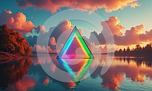 A rainbow colored triangle is in the middle of a lake.