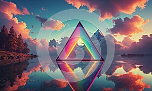 A rainbow colored triangle is in the middle of a lake.