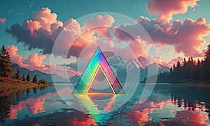 A rainbow colored triangle is in the middle of a lake.