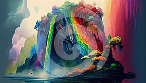 Rainbow Colored Waterfall Mountains with Trees on Canvas Oil Painting AI Generative