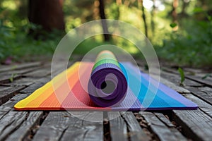 A rainbow colored yoga mat placed neatly on a picnic table, adding a pop of vibrant colors to the outdoor setting, A rainbow-