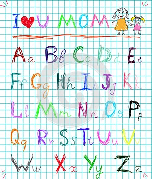 Rainbow colorful baby sketchy hand drawn painting style doodle alphabet letters on squared notebook page isolated vector illustrat