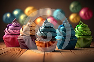 Rainbow colorful cupcakes. Illustration AI Generative