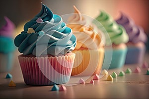 Rainbow colorful cupcakes. Illustration AI Generative