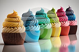 Rainbow colorful cupcakes. Illustration AI Generative