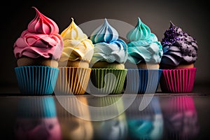 Rainbow colorful cupcakes. Illustration AI Generative