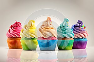 Rainbow colorful cupcakes. Illustration AI Generative