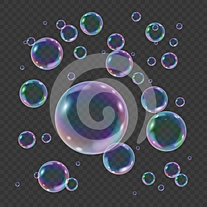 Rainbow colorful underwater bubble isolated on transparent background. Realistic vector illustration of air or soap