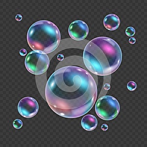 Rainbow colorful underwater bubble isolated on transparent background. Realistic vector illustration of air or soap water bubbles