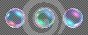 Rainbow colorful underwater bubble isolated on transparent background. Realistic vector illustration of air or soap water bubbles