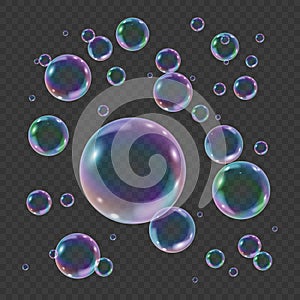 Rainbow colorful underwater bubble isolated on transparent background. Realistic vector illustration of air or soap water bubbles