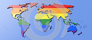 Rainbow colors gay pride flag in World map shape. LGBTQ community rights worldwide. 3d render