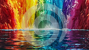 A rainbow of colors is painted on the waters surface each hue corresponding to a different crypto asset. The waterfall photo