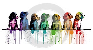 Rainbow Colors Puppies in a Row Looking Right