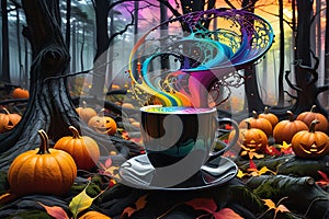 Rainbow Colors Swirling Out of a Coffee Cup - Set Against a Spooky Halloween Forest Backdrop, Dark Silhouettes Lurking