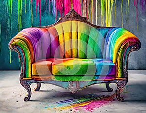rainbow coloured art deco sofa, visually stereophonic by the technique of paint splattering and claymation - generated by ai