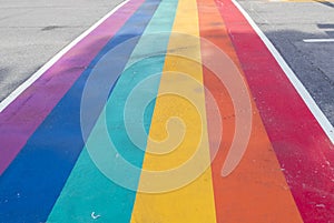 Rainbow coloured crosswalk for Pride Month on Church street in Toronto photo