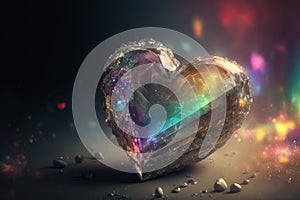 Rainbow coloured heart crystal with a bokeh background. Digital painting effect.