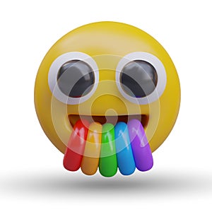 Rainbow comes out from mouth of 3D emoticon. Comical head with staring eyes