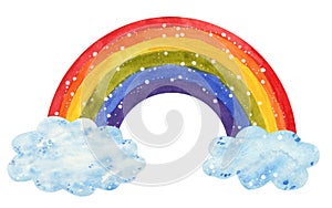 Rainbow comming out of clouds, hand drawn watercolor illustration