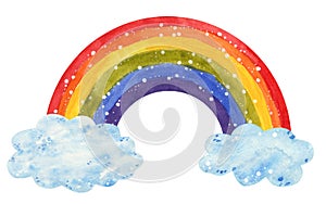 Rainbow comming out of clouds, hand drawn watercolor illustration photo