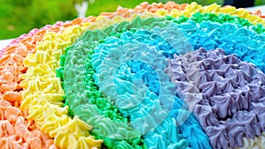 Rainbow cream cake. The buttercream is dyed with food colorings in rainbow colors to celebrate the kid`s birthday in unicorn styl