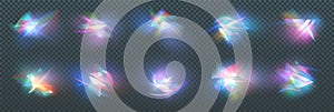 Rainbow crystal light leak flare reflection effect. Vector illustration set. Colorful optical rainbow lights beam lens