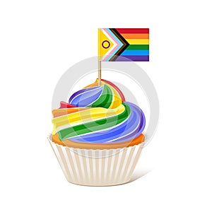 Rainbow cupcake with LGBTQ Progress Pride Flag