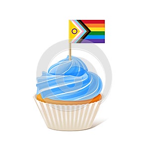 Rainbow cupcake with LGBTQ Progress Pride Flag