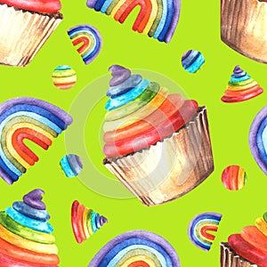 Rainbow cupcakes with multicoloured cream seamless pattern Watercolor painted illustration template