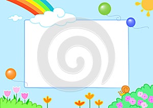 Rainbow with cute slug and flowers, frame