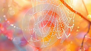 Rainbow Dewdrops on Spiderweb Macro Vibrant Bokeh.