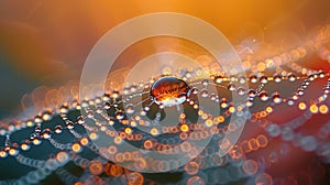 Rainbow Dewdrops on Spiderweb Macro Vibrant Bokeh.