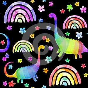Rainbow dinosaur seamless pattern on black background. Bright cute childish dino. Watercolor colorful repeated design