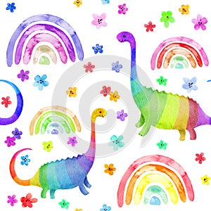 Rainbow dinosaurs, flowers, rainbow seamless pattern. Sweet fantasy childish dino. Watercolor repeated design