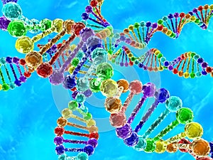 Rainbow DNA (deoxyribonucleic acid) with blue background