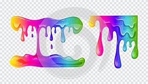 Rainbow dripping slime set. Viscous liquid. Vector cartoon illustration on a transparent background.