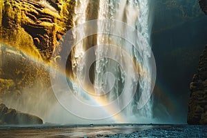 A rainbow emerging within the mist of a powerful cascading waterfall, A rainbow forming in the spray of a powerful waterfall