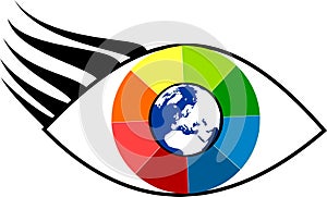 Rainbow eye with blue globe and europe