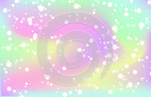 Rainbow fantasy background. Holographic illustration in pastel colors. Bright multicolored unicorn sky with stars