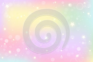 Rainbow fantasy background. Holographic illustration in pastel colors. Multicolored sky with stars and bokeh