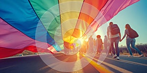 A rainbow flag is being held by a group of people