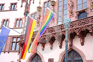 Rainbow flag on City Hall downtown Frankfurt, fight for sexual diversity, participants of international LGBT movement,