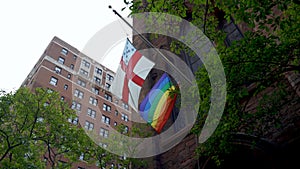 A rainbow flag on front of Trinity Church in New York.