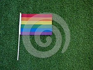 Rainbow flag on green background, with copy space. Celebration of the lgbti visibility day