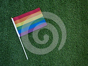 Rainbow flag on green background, with copy space. Celebration of the lgbti visibility day