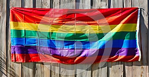 A rainbow flag hanging on a wooden fence