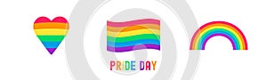 Rainbow flag, heart, arch and text pride day, flat vector icons set