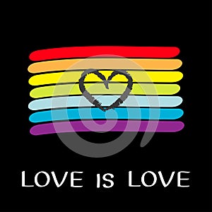 Rainbow flag. LGBT gay symbol. Love is love text quote. Heart shape. Love sign. Colorful line set. Flat design. Black background